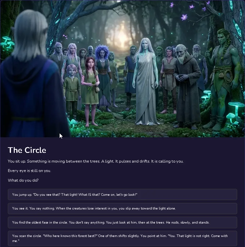 The Circle in Lumeria, showing scene art and four story choices